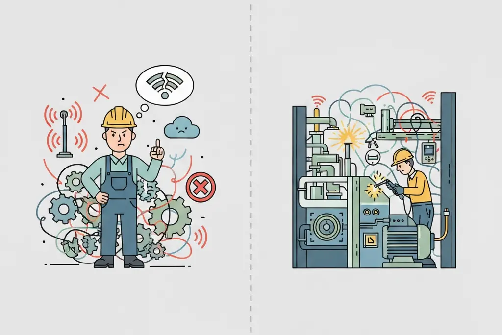 Warum drahtlose Verbindungen in Fabriken so oft scheitern Drahtlose Kommunikation in einer modernen Fabrikhalle mit Maschinen, Antennen und industriellen Sensoren, die vernetzt arbeiten.