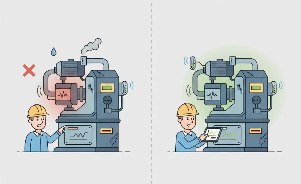 Warum alte Maschinen Temperatur- und Schwingungsüberwachung benötigen Alte Industrie-Maschine mit installierten Temperatur- und Vibrationssensoren zur prädiktiven Wartung